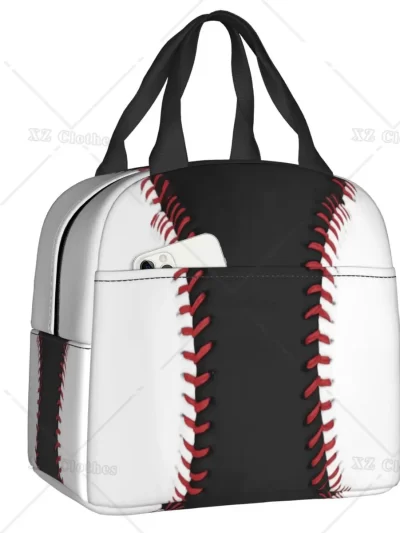 Baseball Lace Insulated Lunch Tote Bag Portable Thermal Cooler Lunch Box with Pocket for Men Boys Outdoor Travel Food Picnic