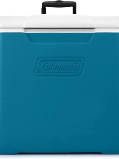 Coleman 60qt Ocean Blue Wheeled Portable Cooler with Insulated Hard Cooling, Heavy-Duty Wheels & Handle, Great for Camping