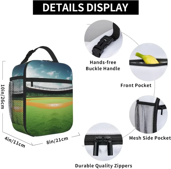 Green Baseball Field Insulated Lunch Bag Reusable Leakproof Thermal Cooler Tote Bag with Side Pockets For Office Travel Picnic - Image 2
