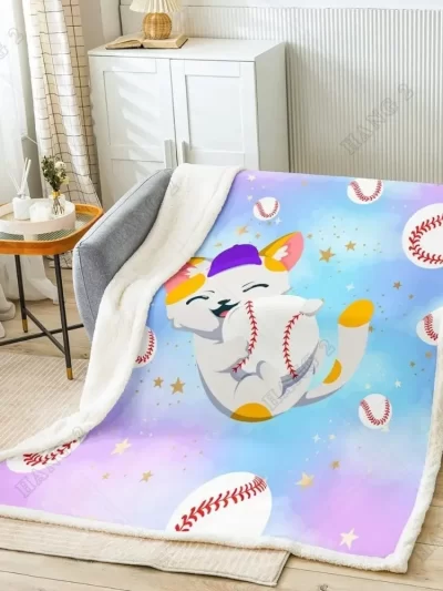 Baseball Throw Blanket Cute Cat Playing Baseball