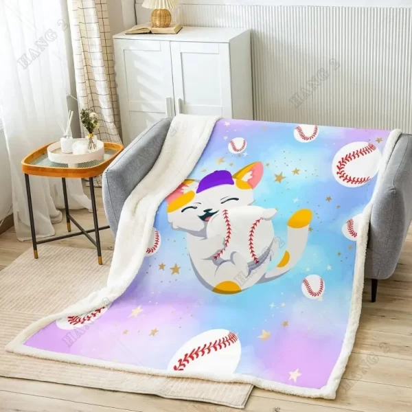 Baseball Throw Blanket Cute Cat Playing Baseball