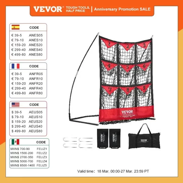 VEVOR 9 Hole Baseball Net Softball Baseball Training Equipment for Hitting Pitching Practice with Carry Bag for Youth and Adult