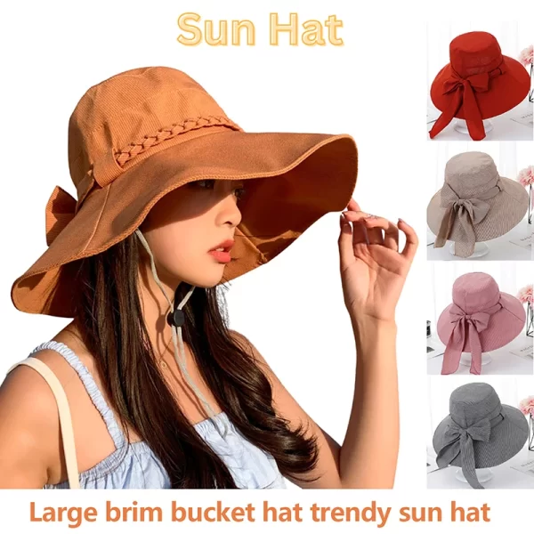 Women's Four Seasons Sunshade Umbrella Outdoor Big Brim Bowknot Bucket Basin Hat Fisherman Hat Panama Hat Fashion Cap