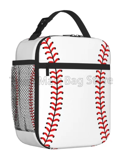 Red Stitching Baseball Sport Insulated Lunch Bag Reusable Thermal Lunch Box Portable Cooler Bento Tote Bags for Women Men Kids