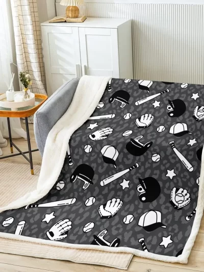 Baseball Theme Throw Blanket Black Grey Leopard Print