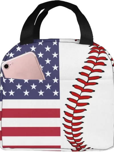 Baseball Flag Lunch Bags for Women Kids Insulated Lunch Box Reusable Small Cooler Tote Bag for School Picnic Work White and Red