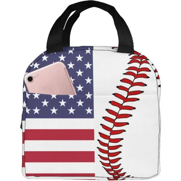 Baseball Flag Lunch Bags for Women Kids Insulated Lunch Box Reusable Small Cooler Tote Bag for School Picnic Work White and Red