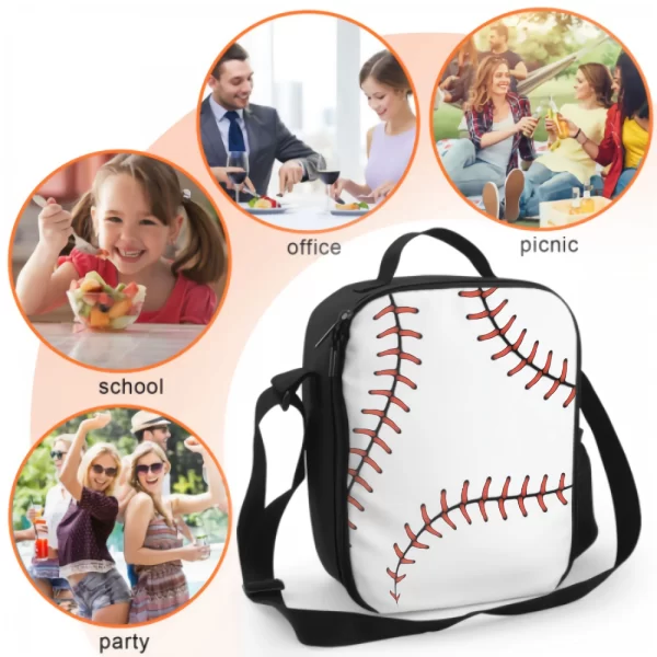 Baseball Lace Insulated Lunch Box for Kids Leakproof Portable Lunch Bags with Adjustable Shoulder Strap Reusable Cooler Tote Bag - Image 5