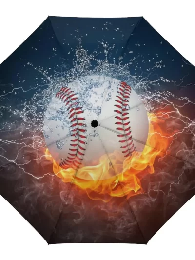 Fire and Water Baseball Windproof Travel Umbrellas Ball Game Sport Folding Rain Umbrella Compact Lightweight for Teens Men Boys