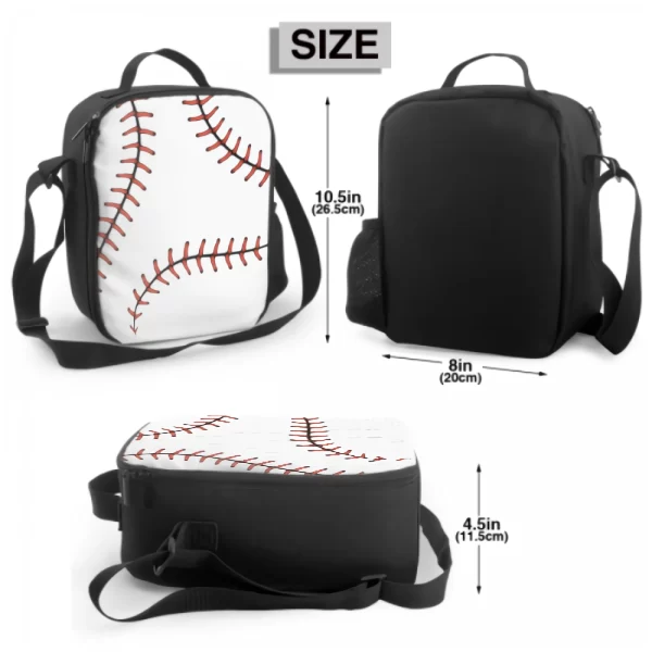 Baseball Lace Insulated Lunch Box for Kids Leakproof Portable Lunch Bags with Adjustable Shoulder Strap Reusable Cooler Tote Bag - Image 2