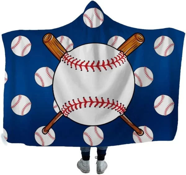 Baseball Design Oversized Hooded Blanket Thick Sherpa Shawl Wrap Warm Cloak Cape - Image 2