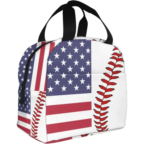 Baseball Flag Lunch Bags for Women Kids Insulated Lunch Box Reusable Small Cooler Tote Bag for School Picnic Work White and Red - Image 2