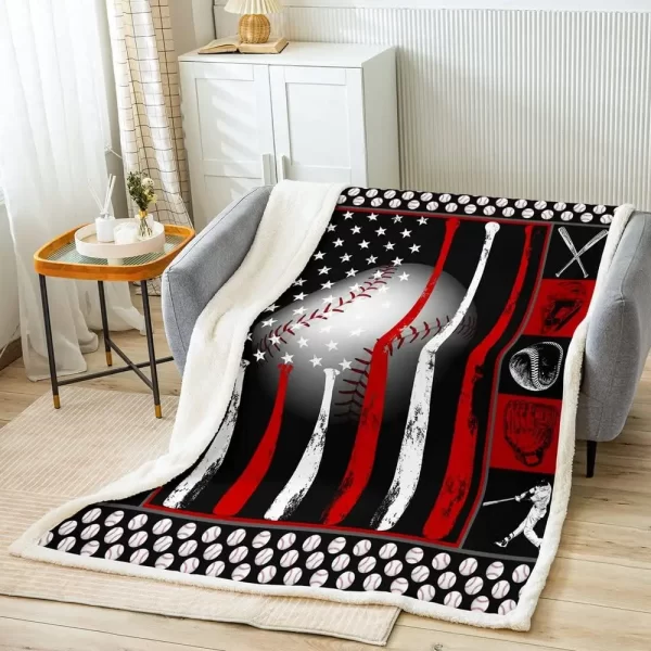 Baseball Printed Throw Blanket American Flag Fleece Blanket Sports Games Bed Blanket for Couch or Bed Baseball Bat