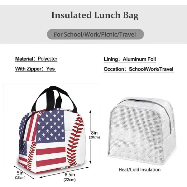 Baseball Flag Lunch Bags for Women Kids Insulated Lunch Box Reusable Small Cooler Tote Bag for School Picnic Work White and Red - Image 6