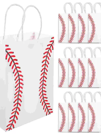 12pcs Sports Themed Paper Bags Handheld Baseball Tote Bag Gift Packaging Bags Party Favor