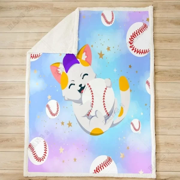 Baseball Throw Blanket Cute Cat Playing Baseball - Image 2