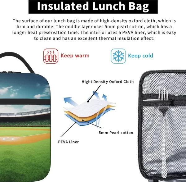 Green Baseball Field Insulated Lunch Bag Reusable Leakproof Thermal Cooler Tote Bag with Side Pockets For Office Travel Picnic - Image 4