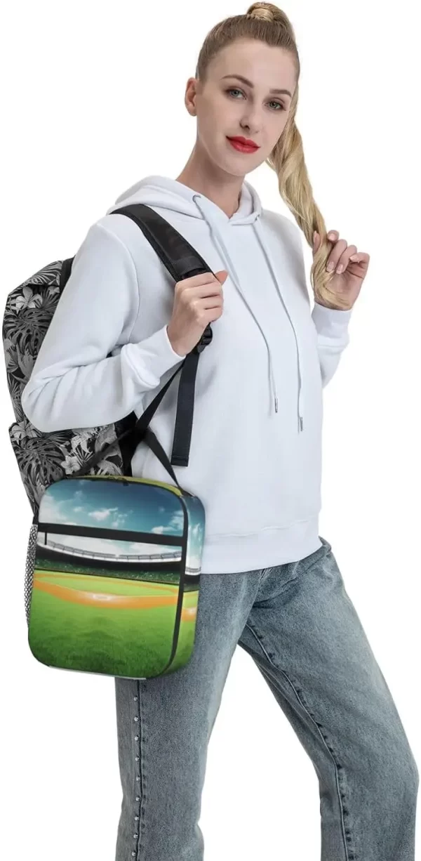 Green Baseball Field Insulated Lunch Bag Reusable Leakproof Thermal Cooler Tote Bag with Side Pockets For Office Travel Picnic - Image 5
