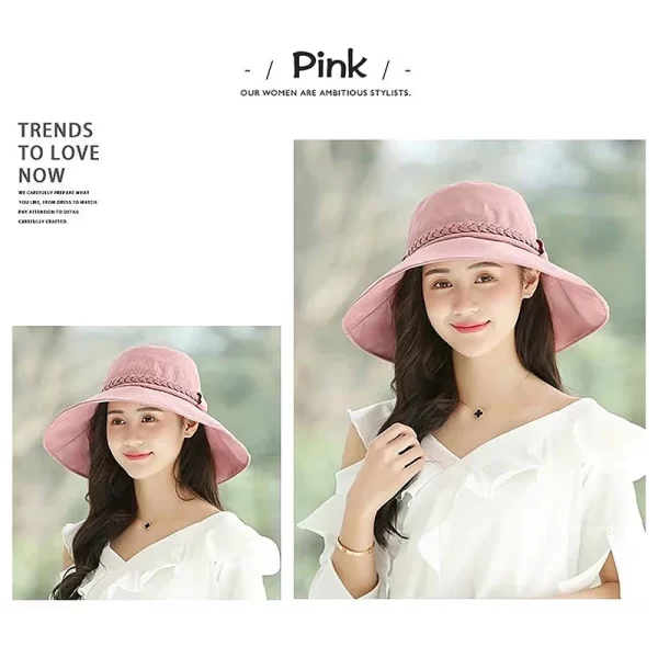 Women's Four Seasons Sunshade Umbrella Outdoor Big Brim Bowknot Bucket Basin Hat Fisherman Hat Panama Hat Fashion Cap - Image 5