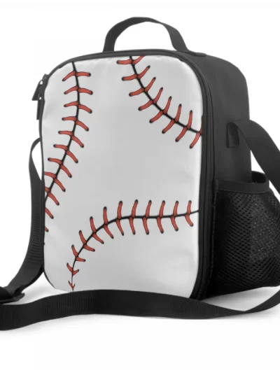 Baseball Lace Insulated Lunch Box for Kids Leakproof Portable Lunch Bags with Adjustable Shoulder Strap Reusable Cooler Tote Bag