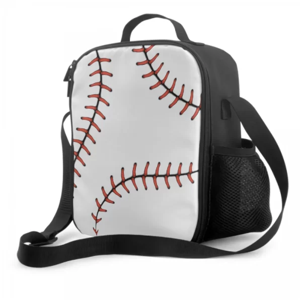 Baseball Lace Insulated Lunch Box for Kids Leakproof Portable Lunch Bags with Adjustable Shoulder Strap Reusable Cooler Tote Bag