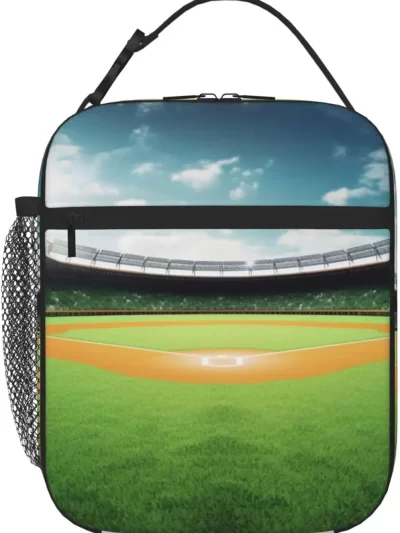 Green Baseball Field Insulated Lunch Bag Reusable Leakproof Thermal Cooler Tote Bag with Side Pockets For Office Travel Picnic