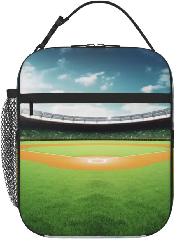 Green Baseball Field Insulated Lunch Bag Reusable Leakproof Thermal Cooler Tote Bag with Side Pockets For Office Travel Picnic
