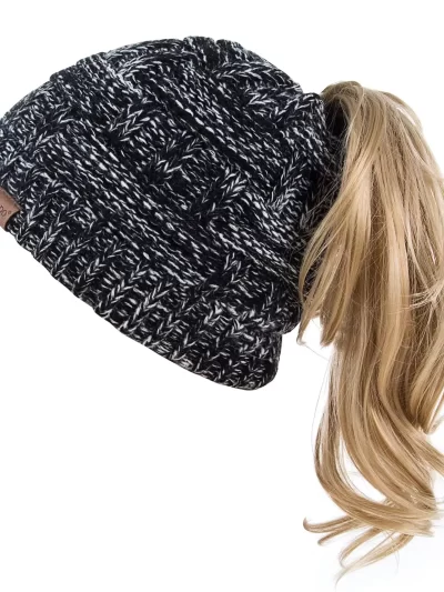 Alepo Womens High Messy Bun Beanie Hat with Ponytail Hole, Winter Warm Trendy Knit Ski Skull Cap
