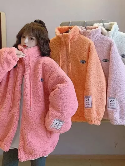 Lamb Plush Jacket Women Fall Winter Faux Fur Coat Casual Zipper Fur Jacket Loose Stand-up Collar Warm Oversized Baseball Uniform