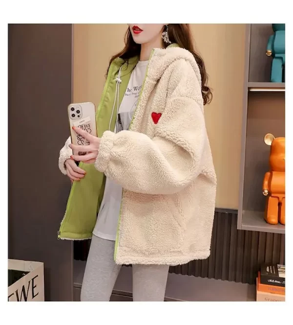 Lamb Wool Hooded Coat Reversible Baseball Jacket Women Autumn Winter Thicken Cardigan Hoodie Plush Warm Coats Loose Y2k Clothes - Image 6