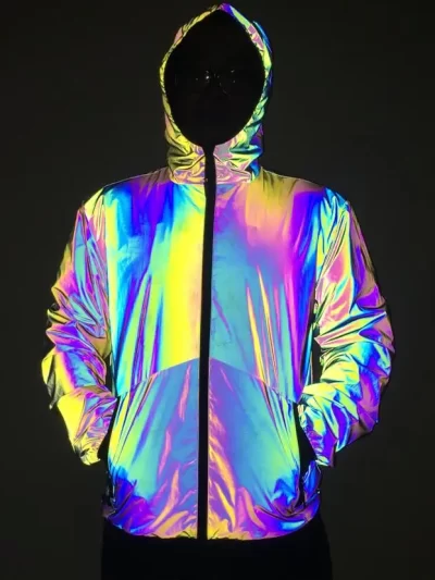 Unisex Holographic Men’s Geometric Rainbow Reflective Jacket Reflect Light Casual Coats Outfit