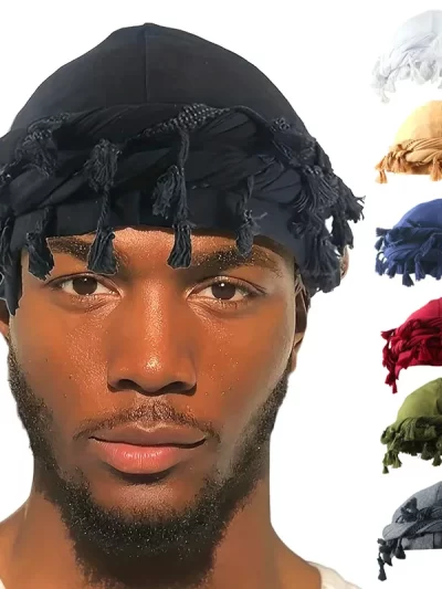 Vintage Twist Head Wraps Durag with Tassel Men's Hip Hop Pullover Hat Turban for Men Hair Wrap Twisted Tail Cap