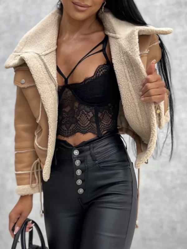 Women winter jacket Long sleeve zipper warm short coat Plush splicing deerskin jacket with pockets - Image 3