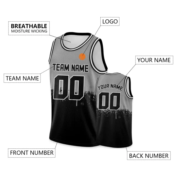 Men's Black Gray Custom Basketball Jersey - Image 2