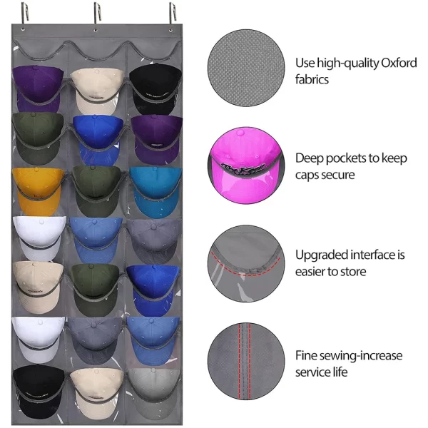 Hat Organizer Display for Baseball Caps Rack Hanging Wall Door Mounted Storage Bags with 3 Hooks Clear PVC Deep 18/24 Pockets - Image 6