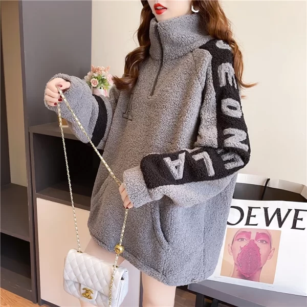 Vintage Lamb Wool Sweatshirt Women Embroidery Letter Hoodies Winter Warm Fleece Coat Women Fashion Oversized Baseball Streetwear - Image 4