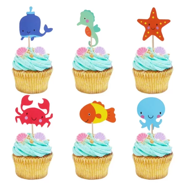 24pcs Ocean Animal Cupcake Toppers Under the Sea Birthday Party Cake Decorations Baby Shower Girls Mermaid Themed Party Supplies - Image 6