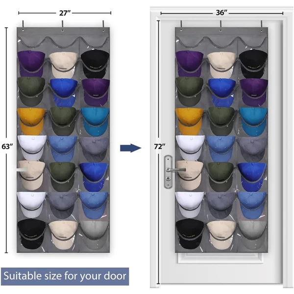 Hat Organizer Display for Baseball Caps Rack Hanging Wall Door Mounted Storage Bags with 3 Hooks Clear PVC Deep 18/24 Pockets - Image 5