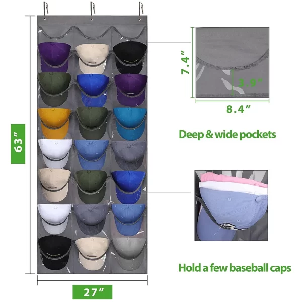 Hat Organizer Display for Baseball Caps Rack Hanging Wall Door Mounted Storage Bags with 3 Hooks Clear PVC Deep 18/24 Pockets - Image 4
