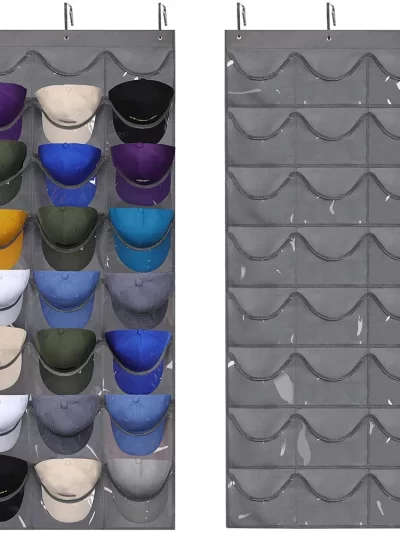 Hat Organizer Display for Baseball Caps Rack Hanging Wall Door Mounted Storage Bags with 3 Hooks Clear PVC Deep 18/24 Pockets
