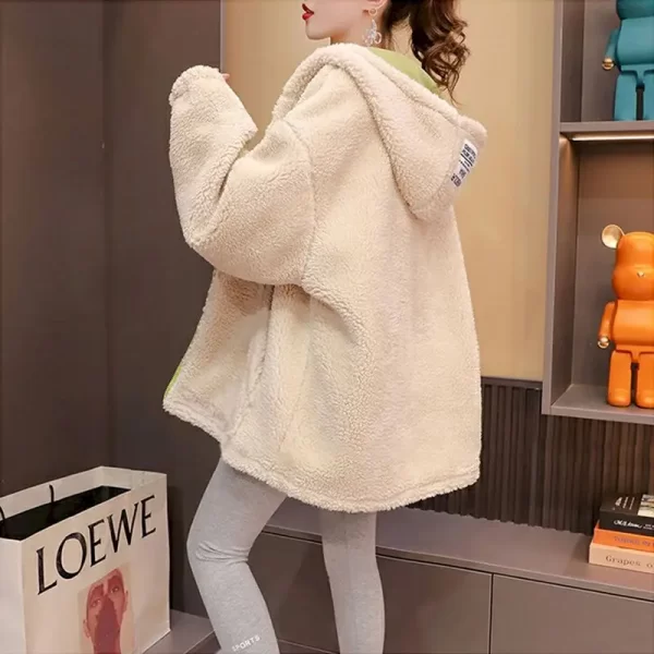 Lamb Wool Hooded Coat Reversible Baseball Jacket Women Autumn Winter Thicken Cardigan Hoodie Plush Warm Coats Loose Y2k Clothes - Image 3