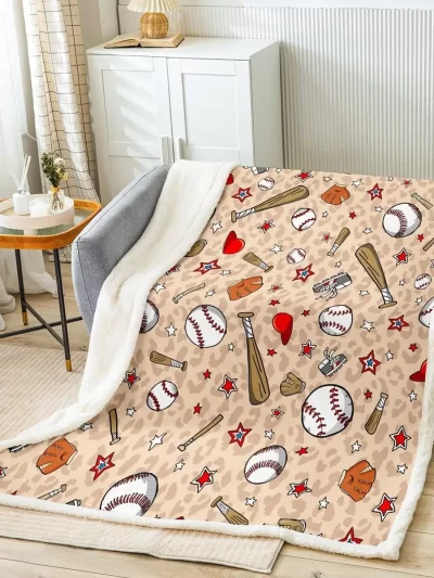 Kids Baseball Throw Blanket Cartoon Baseball Bat and Hat Bed Blanket for Boys Teens Girls Room Decor Brown Leopard