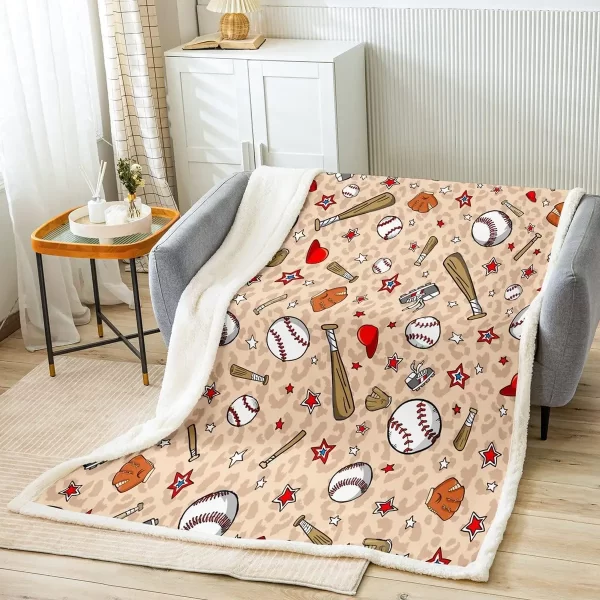 Kids Baseball Throw Blanket Cartoon Baseball Bat and Hat Bed Blanket for Boys Teens Girls Room Decor Brown Leopard