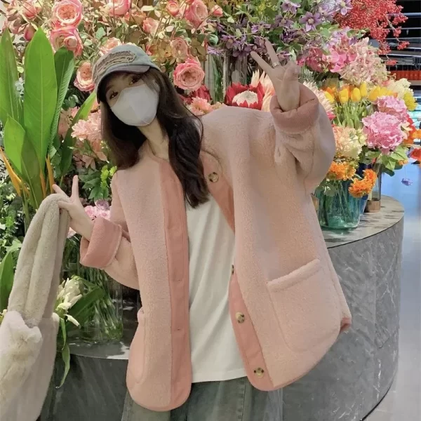 Korean Lamb Fur Coat for Women's New Autumn Winter 2023 Short Style Thickened Baseball Jacket Top Warm Overcoat Y2k Clothes - Image 2