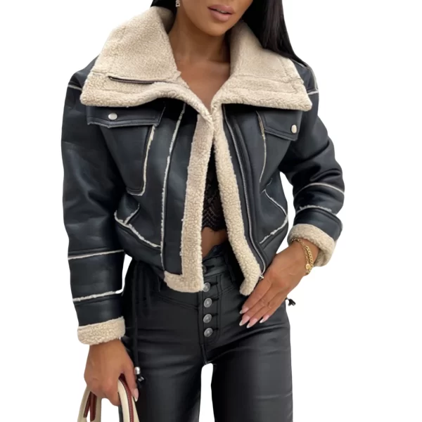 Women winter jacket Long sleeve zipper warm short coat Plush splicing deerskin jacket with pockets - Image 5