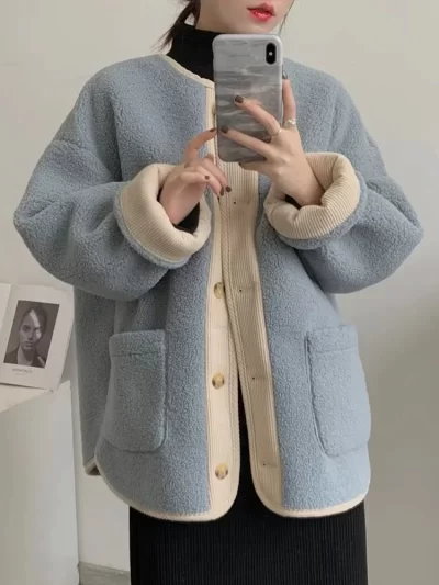 Korean Lamb Fur Coat for Women's New Autumn Winter 2023 Short Style Thickened Baseball Jacket Top Warm Overcoat Y2k Clothes