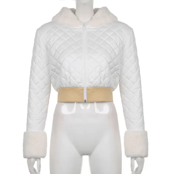 Fashion Streetwear Furry Stitching Top Rhombus Contrast Color Waist Short Zipper Hooded Casual Jacket Cotton Jacket Women Coat - Image 2