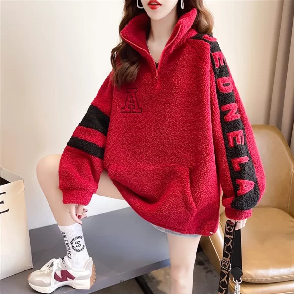 Vintage Lamb Wool Sweatshirt Women Embroidery Letter Hoodies Winter Warm Fleece Coat Women Fashion Oversized Baseball Streetwear