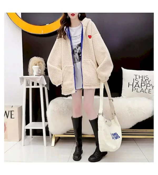 Lamb Wool Hooded Coat Reversible Baseball Jacket Women Autumn Winter Thicken Cardigan Hoodie Plush Warm Coats Loose Y2k Clothes - Image 5