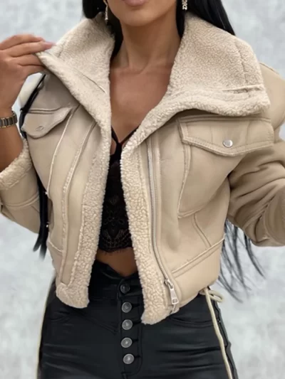 Women winter jacket Long sleeve zipper warm short coat Plush splicing deerskin jacket with pockets